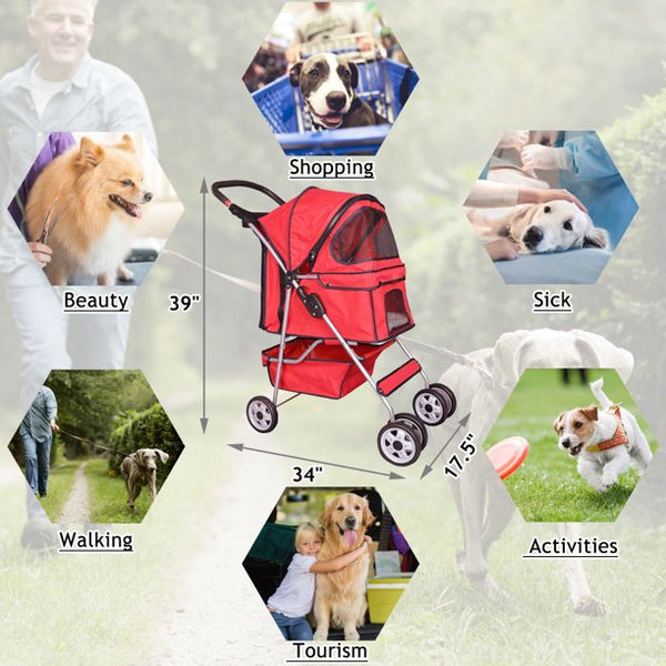 Pet Stroller 4 Wheels Dog Stroller for Small & Medium Cats and Dogs