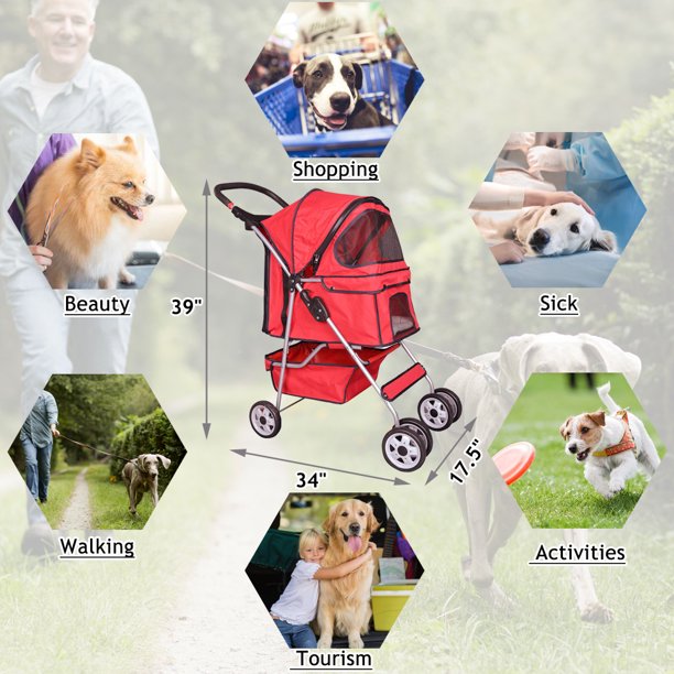 Pet Stroller 4 Wheels Dog Stroller for Small & Medium Cats and Dogs