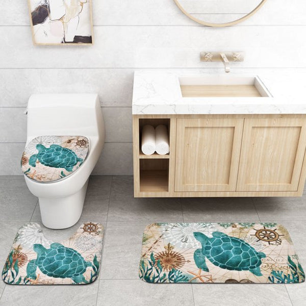 Sea Turtle Bathroom Sets, Teal Nautical Shower Curtains and Bath Rug Set