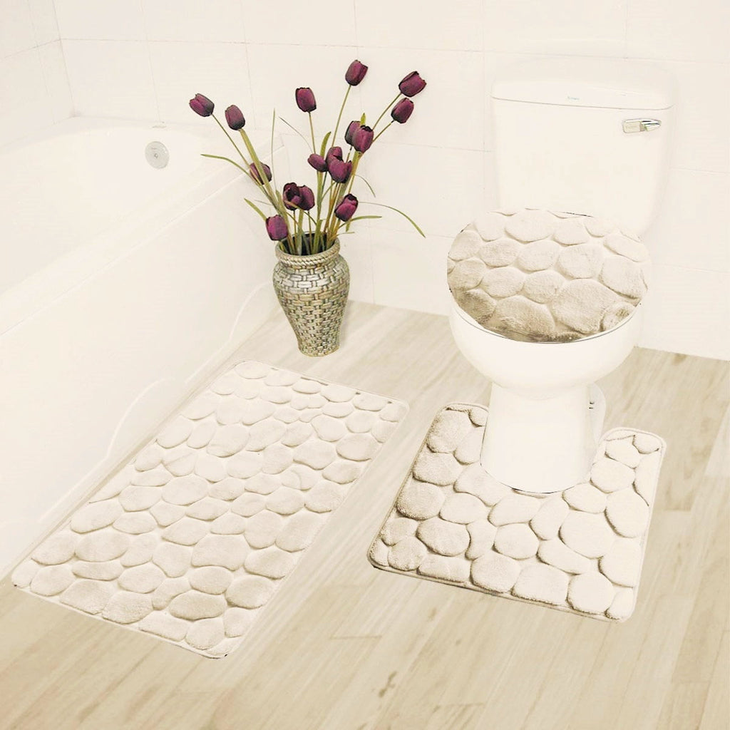 3 Piece Rock Memory Foam Bathroom Mat Set Flannel Embossed Rug Mat Toilet  Lid