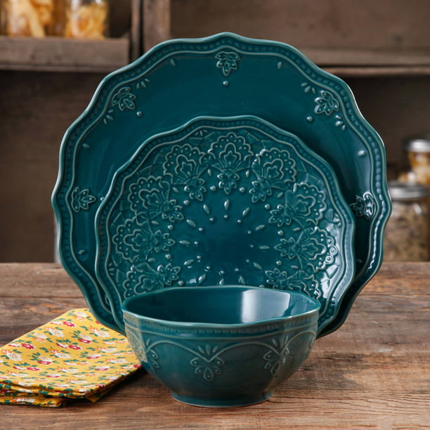 Farmhouse Lace 12-Piece Dinnerware Set, Teal