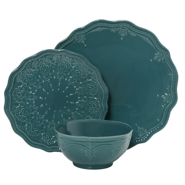 Farmhouse Lace 12-Piece Dinnerware Set, Teal